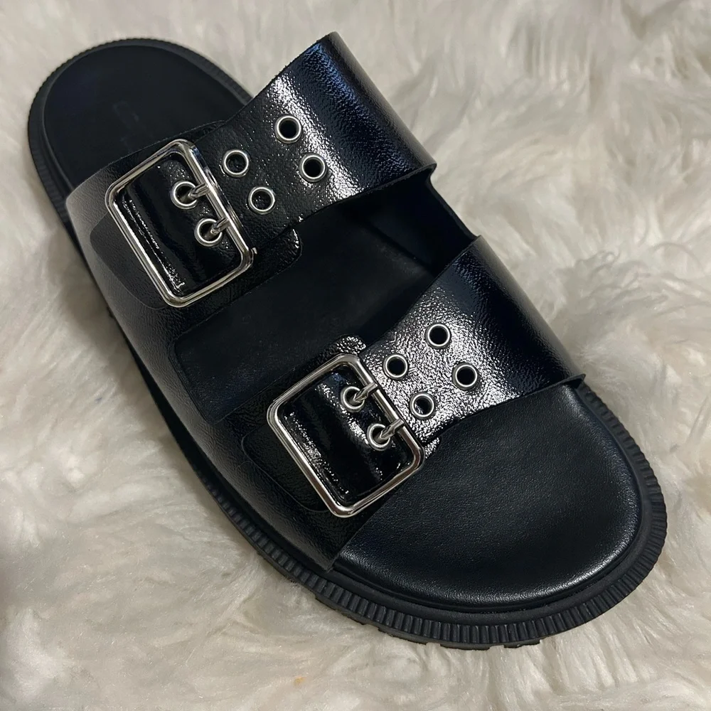 Christian Di Ricco Black Double Buckle Sandals - Picture 1 of 4